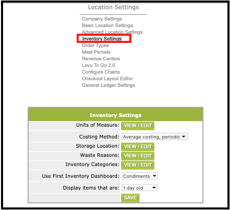 Inventory Settings